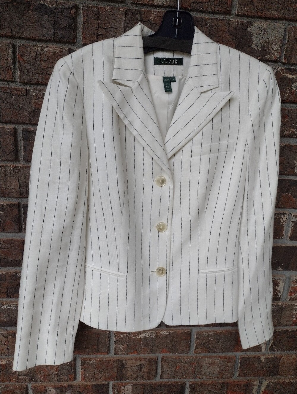 Lauren Ralph Lauren 100% Linen Pinstripe Blazer Women's Sz 10 Ivory Black Career